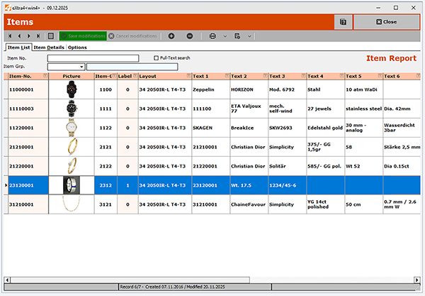 Screenshot item list of label printing software eXtra4-win4 with ready-made label design Item list of label printing software eXtra4-win4 with ready-made label design